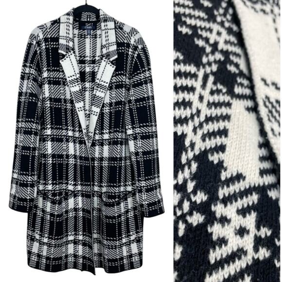 Chaps by Ralph Lauren Black Plaid Open Front Sweater Jacket Coatigan Small - Picture 1 of 7